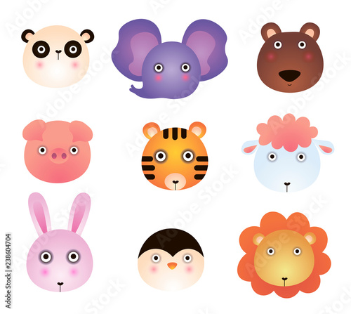 Cute cartoon animals, panda, elephant, bear, toy, tiger, lamb, lion, bunny. Cartoon zoo of cute animals.