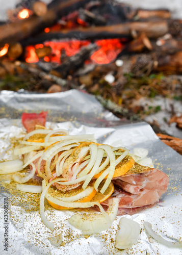 Fish on the foil with lemon  onion and spices by the fire for cooking