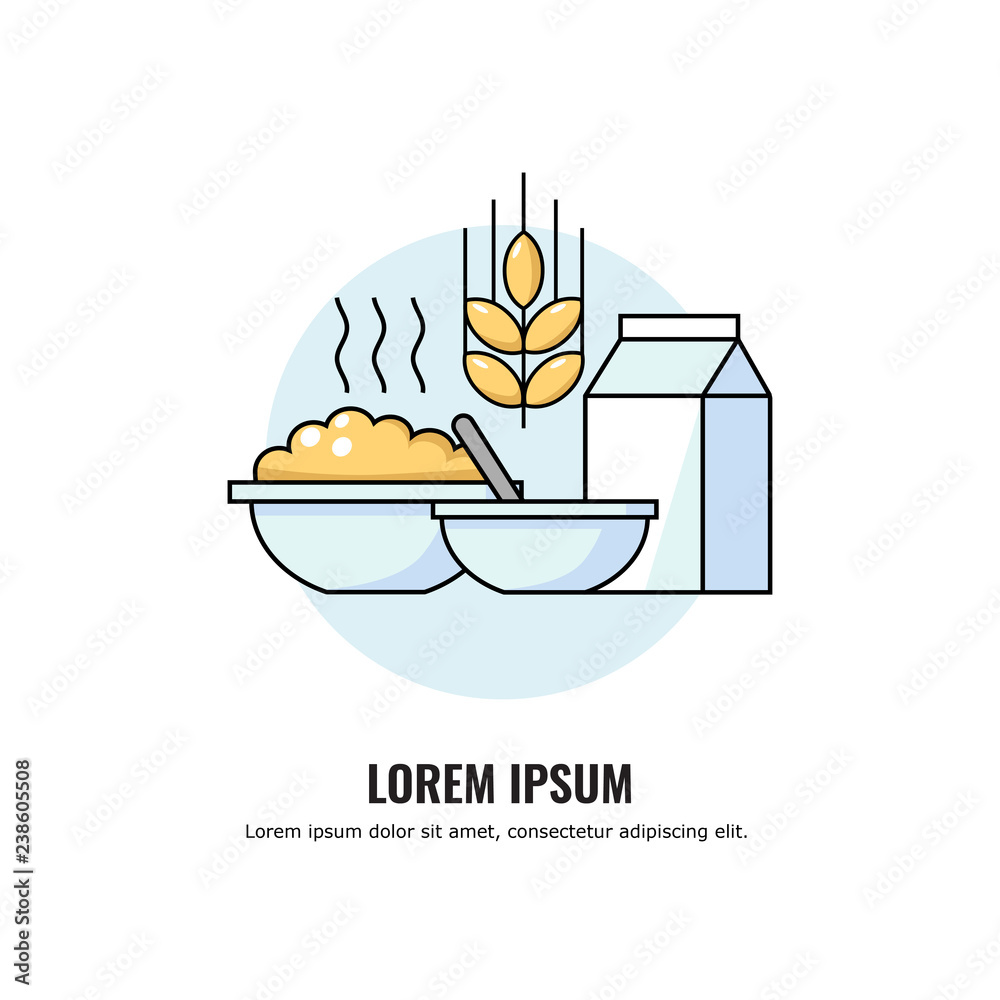Vector illustration of porridge with milk in a plate. healthy organic ...
