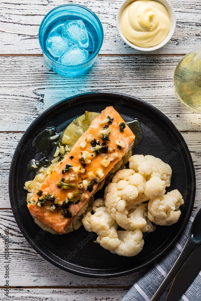 Solomon fillet with pineapple and cauliflower. Fish with vegetables. Solomon fillet with pineapple and cauliflower. Fish with vegetables.