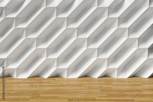 Abstract white wall in room with brown wood parquet floor