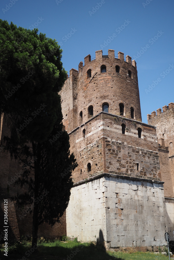 One of the towers on the gatehouse of the Museo della Mura, at the start of the Via Appia Antica, in Rome, Italy One of the towers on the gatehouse of the Museo della Mura, at the start of the Via Appia Antica, in Rome, Italy