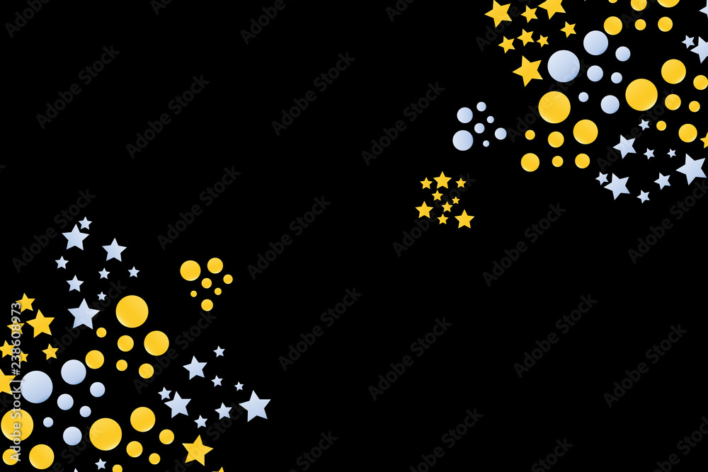 Festive background with confetti. Golden and light blue stars and circles. Abstract template for holiday parties, banners, posters, carnivals, children's parties, birthdays, greeting cards.