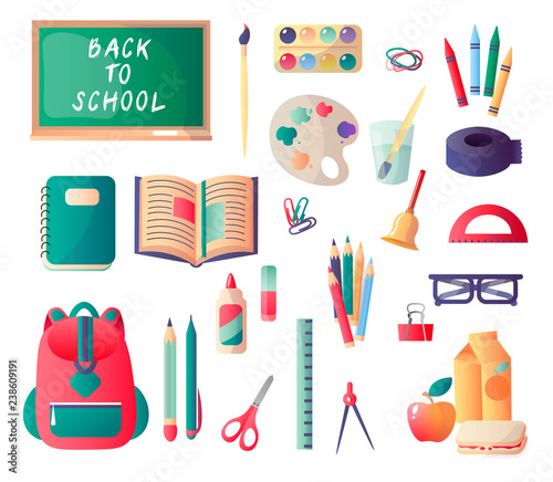 Set of school supplies necessary for each student for effective classes. Backpack, pens, pencils, ruler, glasses, paint, paint brush and others. Vector illustration isolated on white background