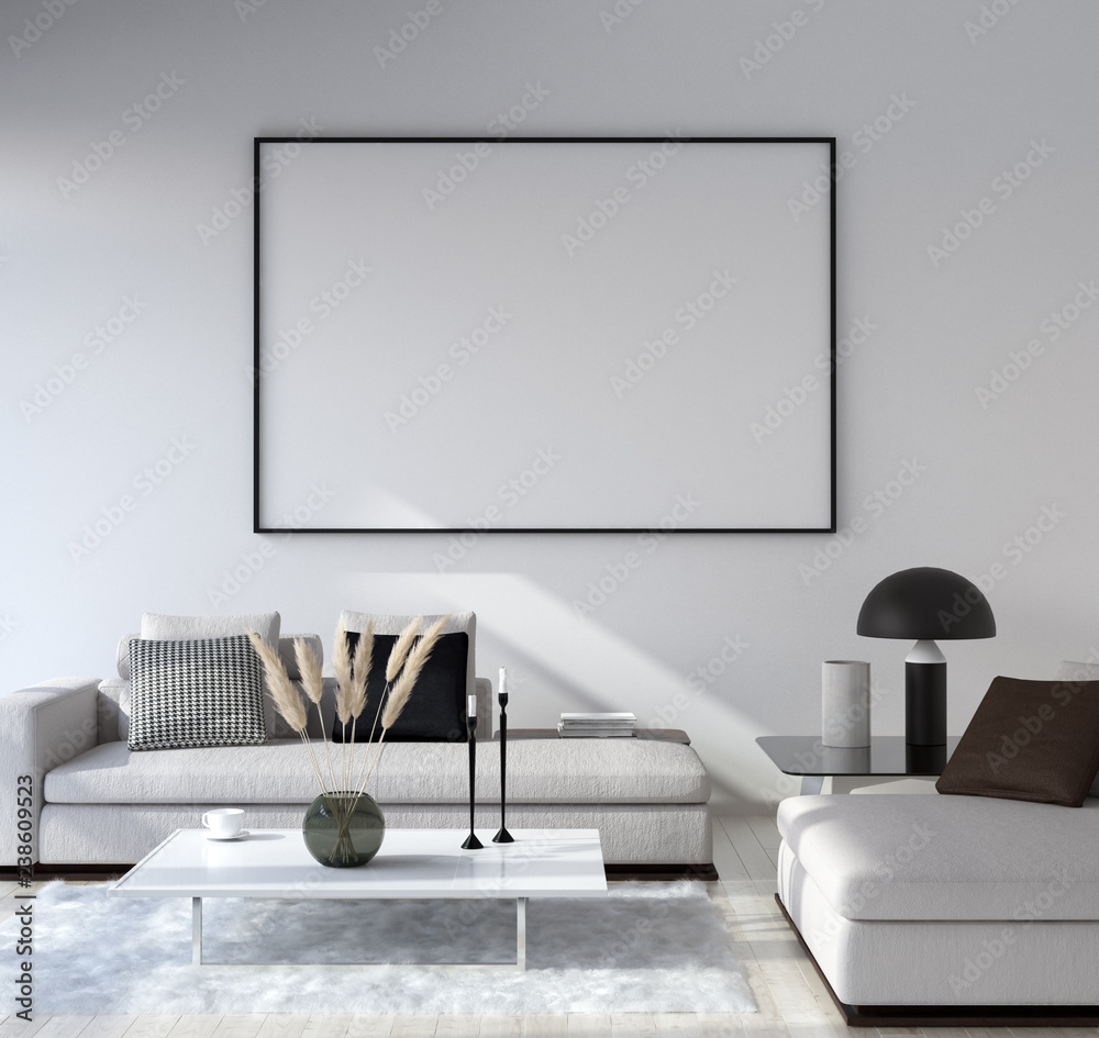 Mock up poster frame in home interior background, Modern style living room, 3D render - obrazy, fototapety, plakaty 