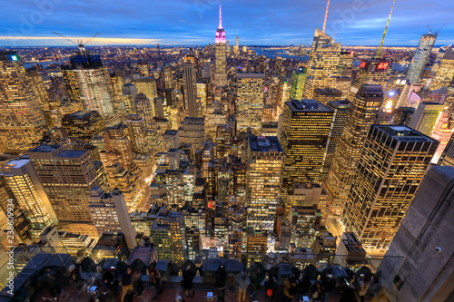 New York City skyline with urban skyscrapers at night