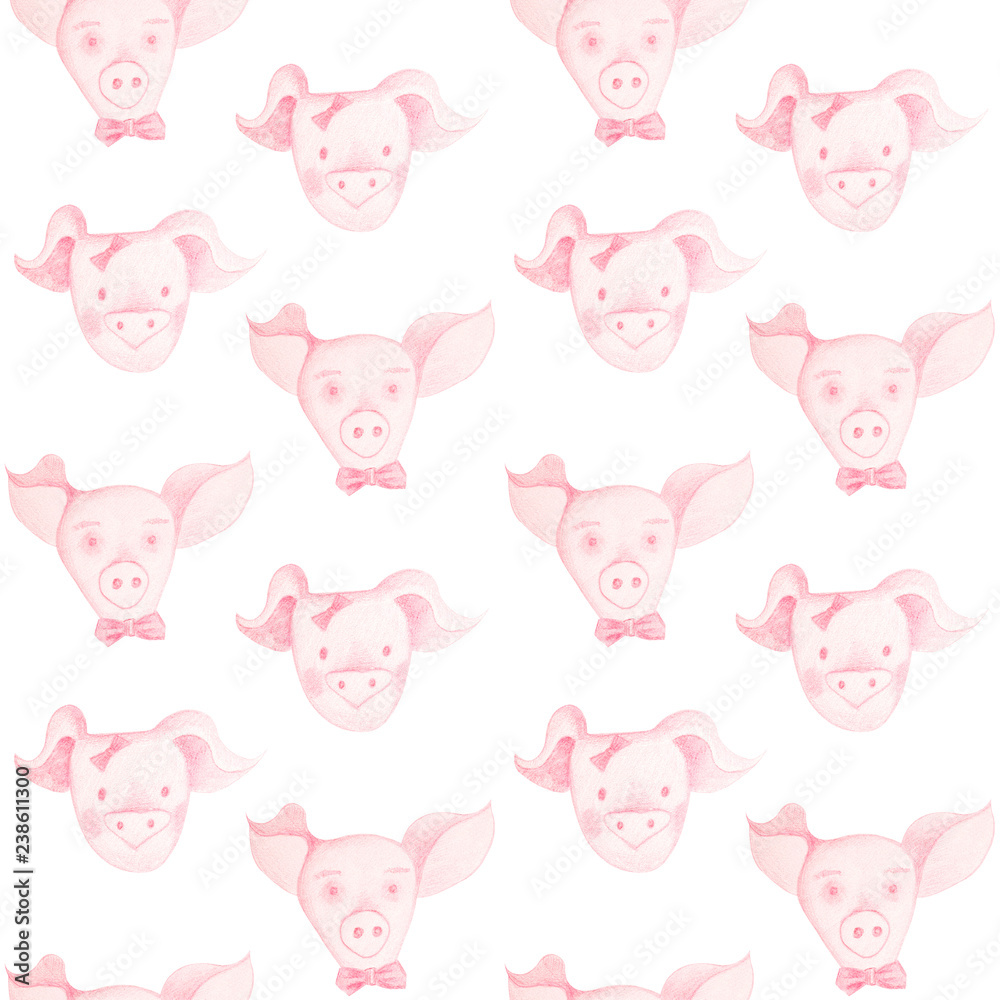 Seamless pattern with cartoon pigs. 2019 Chinese New Year of the Pig.