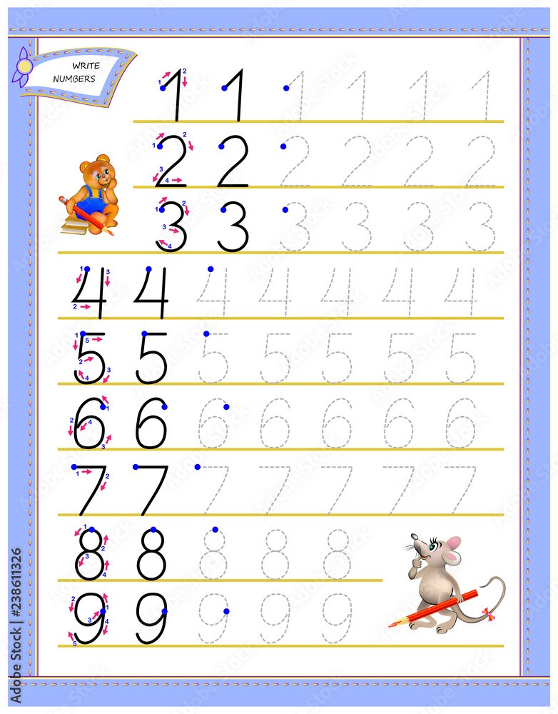 Educational page for children to study writing numbers. Worksheet for