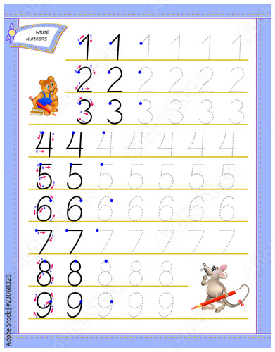Educational page for children to study writing numbers. Worksheet for kids textbook. Developing skills for counting. Back to school. Vector cartoon image.