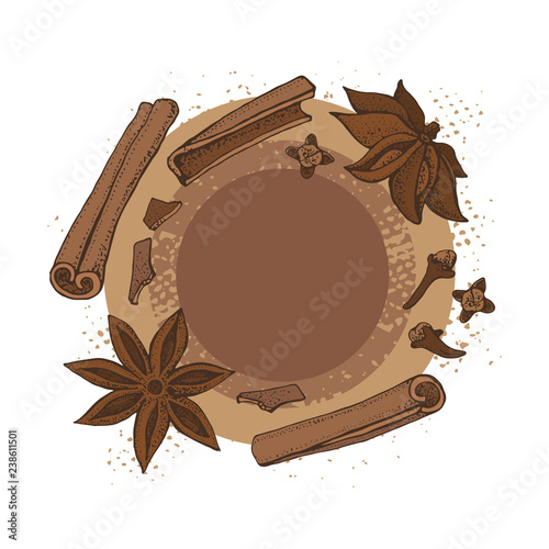 Cinnamon sticks, anise star and cloves. Vector drawing of aromatic spices set. Seasonal food illustration on brown circle. Hand drawn doodles of spice and flavor. Cooking and mulled wine ingredient