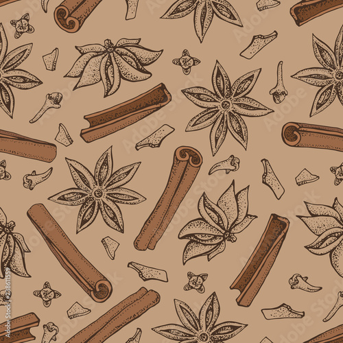 Cinnamon sticks, anise star and cloves seamless pattern. Seasonal food vector illustration isolated on white background. Hand drawn doodles of spice and flavor. Cooking and mulled wine ingredient