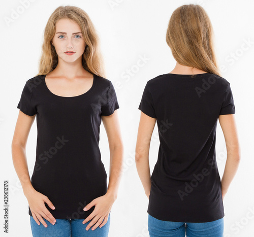 black tshirt blank set, woman in t-shirt isolated on white background, girl shirt
