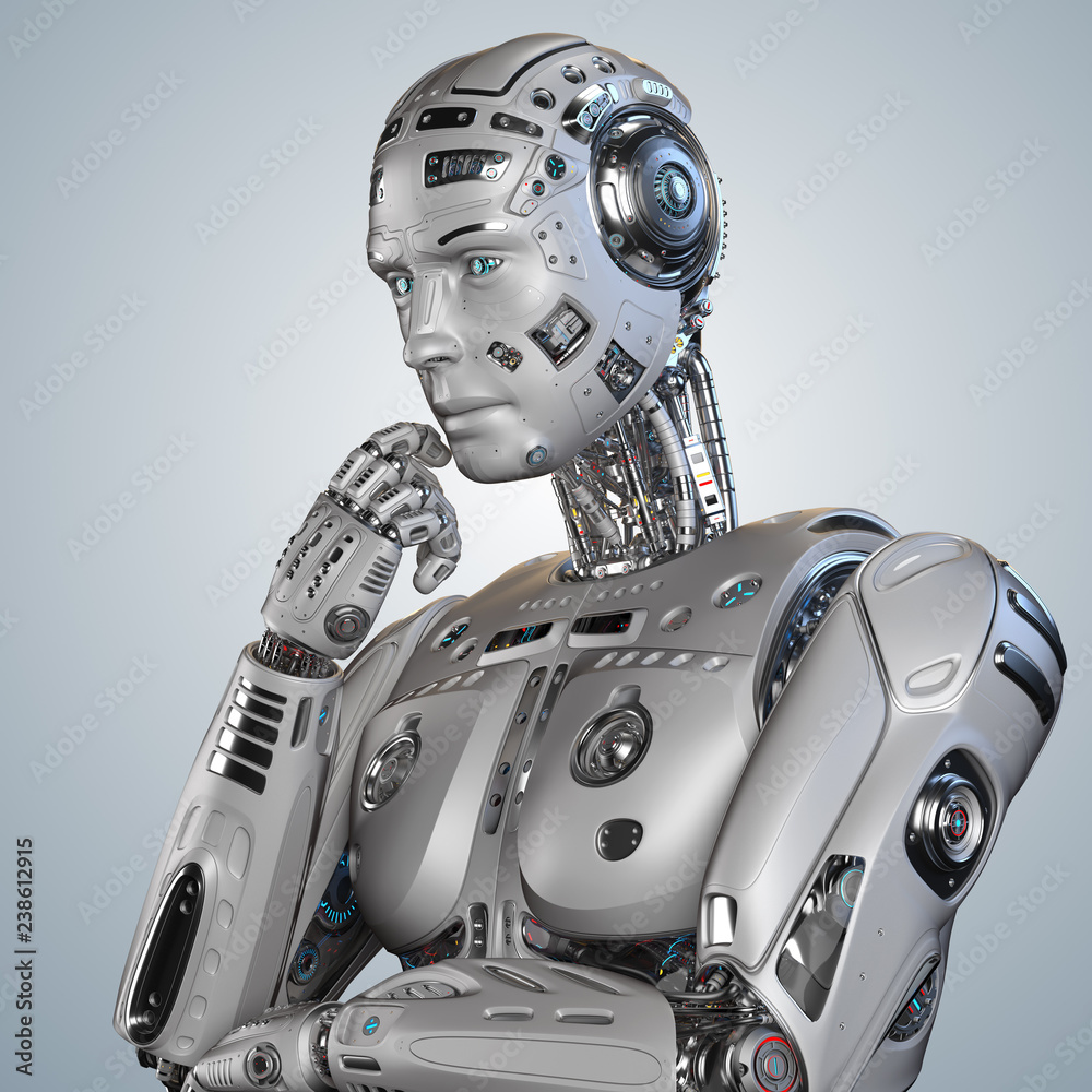 Futuristic Robot man thinking. Isolated on blue background. 3D Render. Futuristic Robot man thinking. Isolated on blue background. 3D Render.