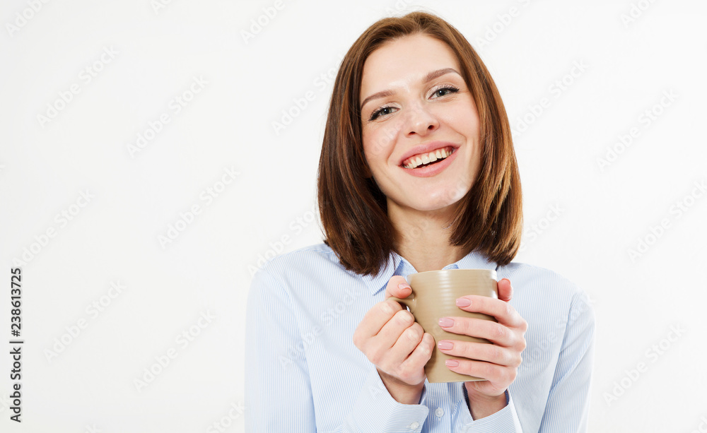 portrait of sexy brunette on white background, woman holding a mug with a delicious drink portrait of sexy brunette on white background, woman holding a mug with a delicious drink
