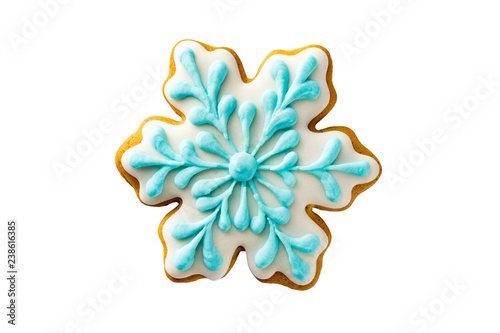 Canvas Print Closeup image of christmas gingerbread snowflake cookie isolated at white background