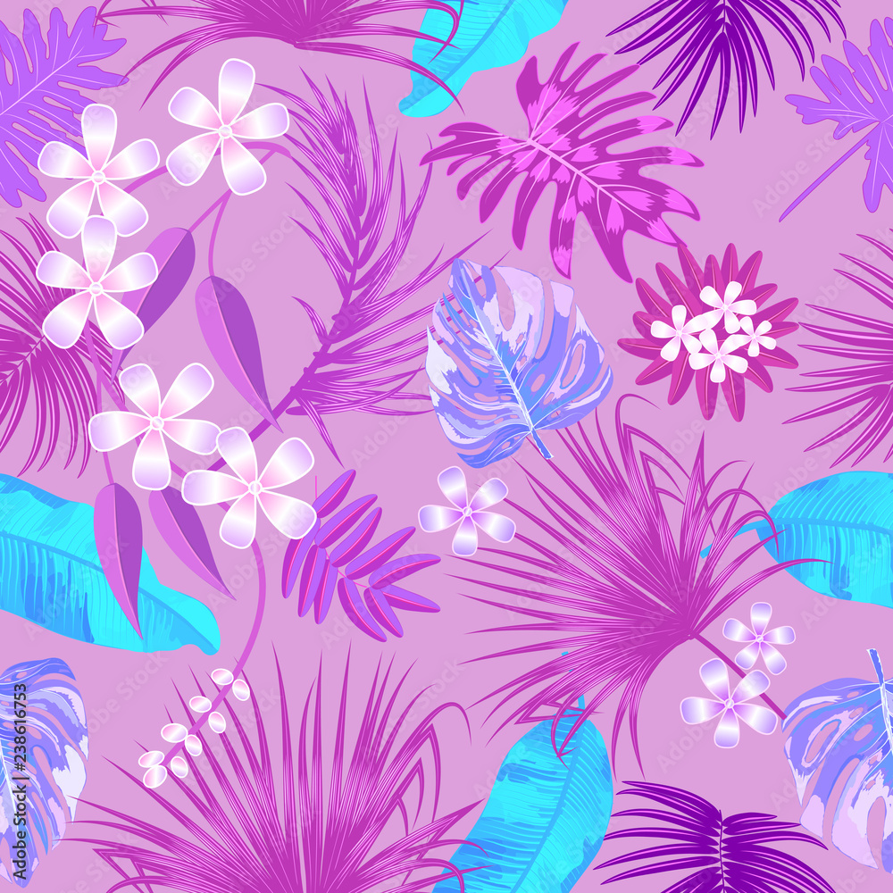 Naklejka premium Vector tropical seamless pattern in pink colors.
