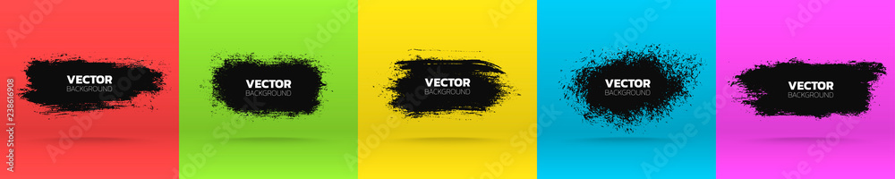 Grunge backgrounds set. Brush black paint ink stroke various banners. Vector illustration