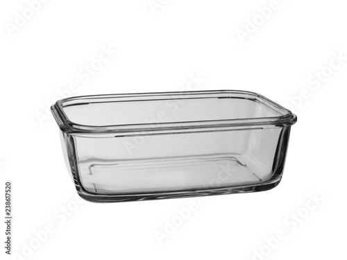 square tray for food and roasting from transparent glass on a white background