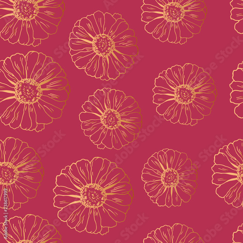 Seamless pattern with gold flowers zinnia, camomile for textile, bedlinen, pillow, undergarment, wallpaper.