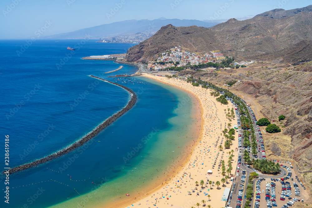The famous white sand beach Playa de Las Teresitas. Tenerife. Canary Islands. Spain. View from the observation deck - Mirador Las Teresitas.