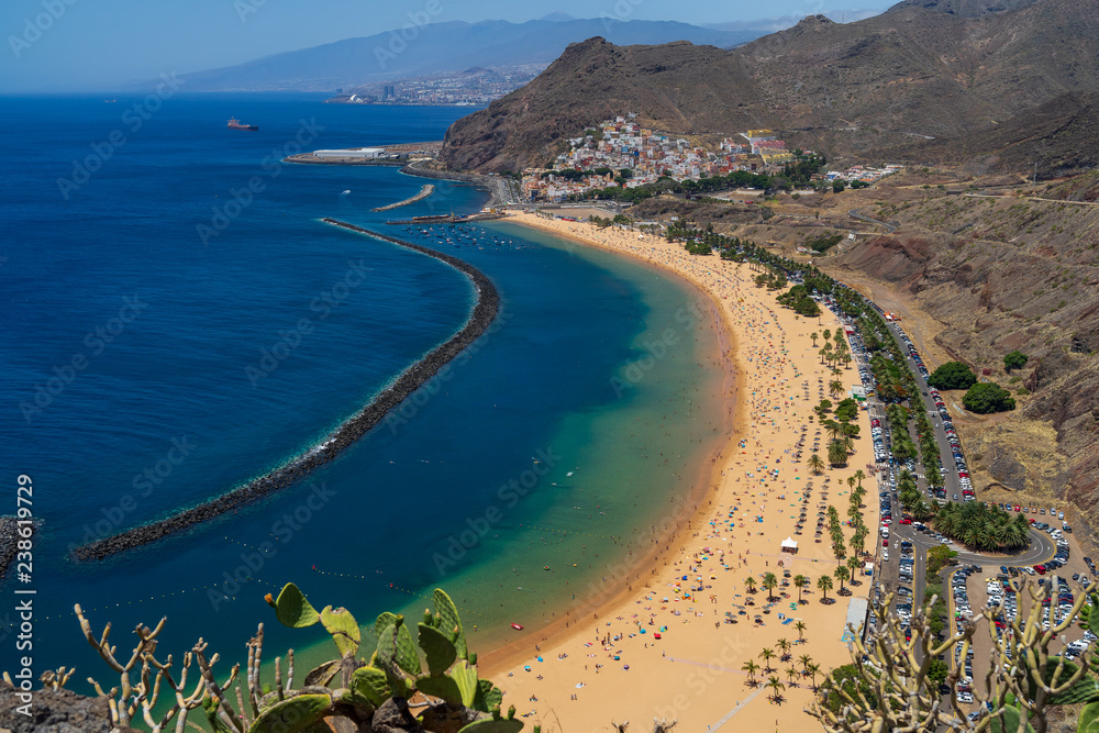 The famous white sand beach Playa de Las Teresitas. Tenerife. Canary Islands. Spain. View from the observation deck - Mirador Las Teresitas.