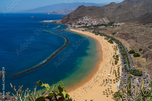 The famous white sand beach Playa de Las Teresitas. Tenerife. Canary Islands. Spain. View from the observation deck - Mirador Las Teresitas. photo