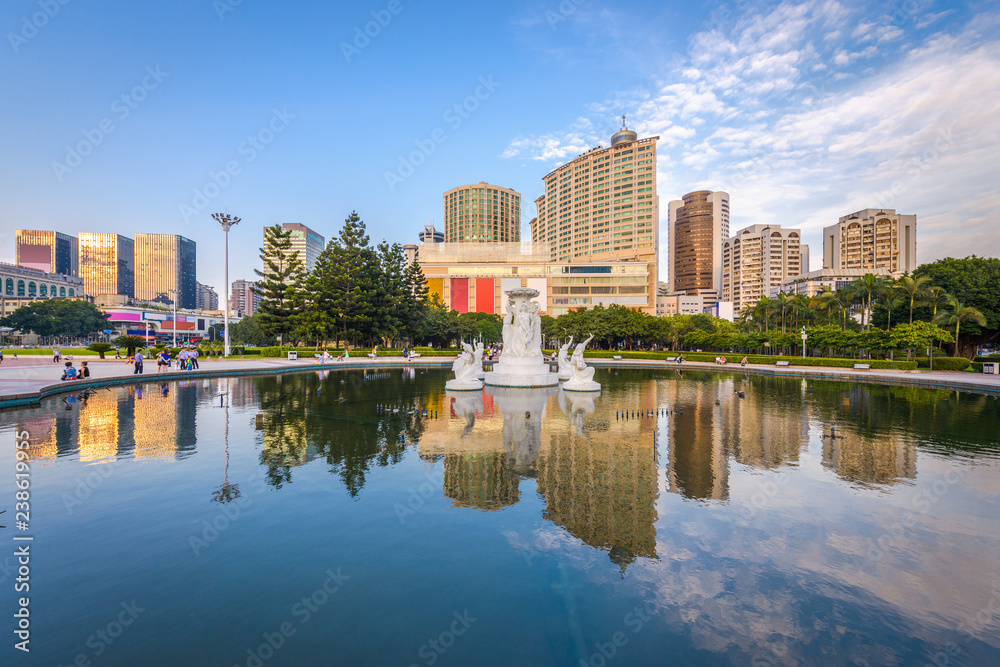 Fuzhou, China cityscape at Wuyi Square Fountain.