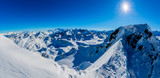 Winter panorama landscape from Mont Fort and famous Matterhorn, Dent d'Herens, Dents de Bouquetins, Weisshorn; Tete Blanche in the background, Verbier, 4 Valleys,