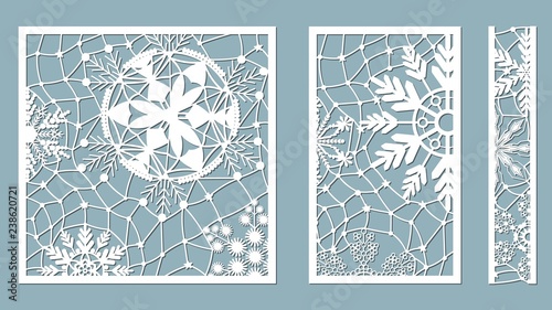 Ornamental panels with snowflake pattern. Laser cut decorative lace borders patterns. Set of bookmarks templates. Image suitable for laser cutting, plotter cutting or printing. serigraphy.