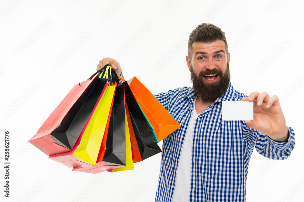 happy man with card, copy space. Black Friday. Cyber Monday. Bearded man with shopping bags.. Mature hipster with beard. brutal caucasian hipster with moustache. Shopping sale. Male barber care happy man with card, copy space. Black Friday. Cyber Monday. Bearded man with shopping bags.. Mature hipster with beard. brutal caucasian hipster with moustache. Shopping sale. Male barber care