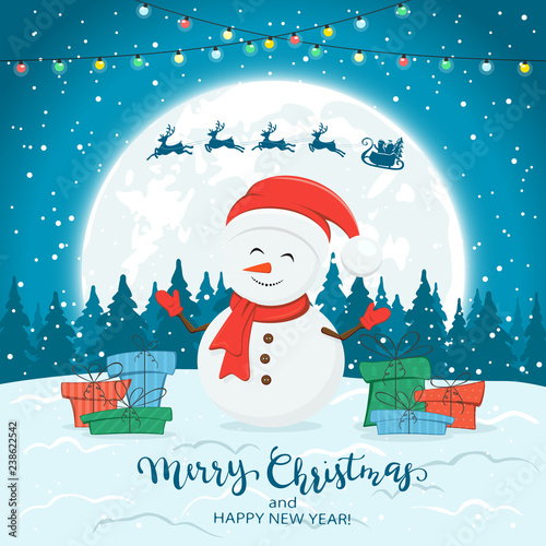 Snowman on Blue Winter Background with Gifts and Christmas Lights