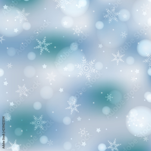 Light blue winter background with snowflakes  lights and stars. Abstract background in light blue and white colors for banner  poster  card  wallpaper. Suitable for Christmas  New Year. EPS 10