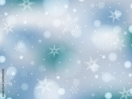 Light blue background with snowflakes  stars and lights. Abstract winter background in light blue and white colors for banner  poster  postcard  wallpaper. Suitable for New Year and Christmas. EPS 10
