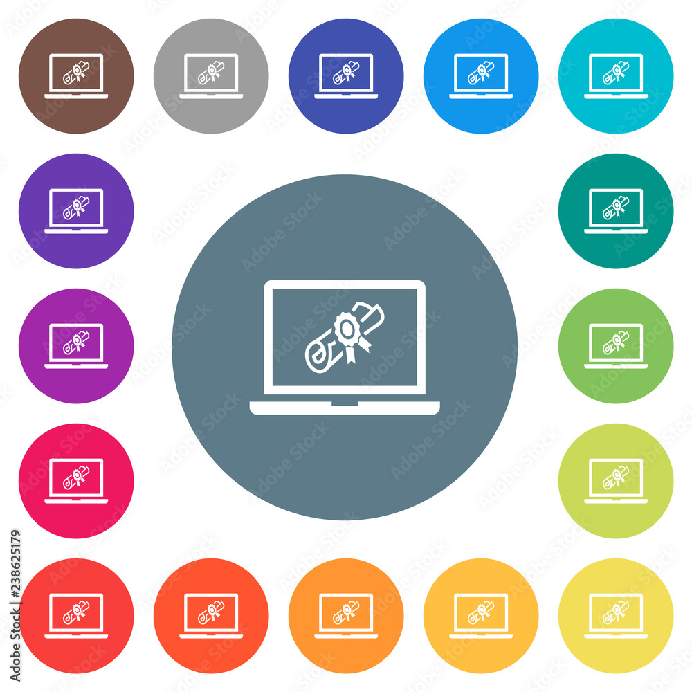 Webinar on laptop flat white icons on round color backgrounds Webinar on laptop flat white icons on round color backgrounds