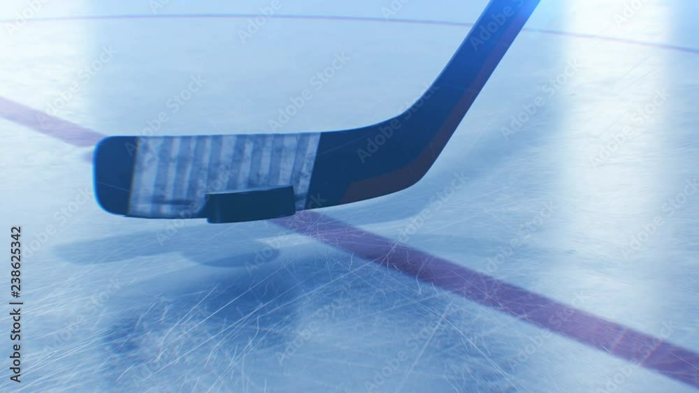 Hockey Stick Throwing Hockey-puck in Slow Motion Close-up with Lens Flares. Beautiful 3d animation of Flying Puck. Active Sport Concept. 4k Ultra HD 3840x2160.