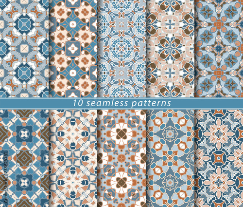Ten seamless patterns. Symmetrical rectangular ornament in ethnic style. Arabic florid motif.