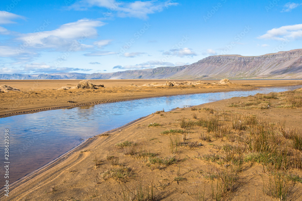 Scenic landscape of Raudisandur beach, west fjords, Iceland