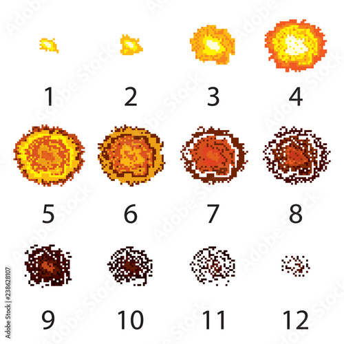 Pixel explosion frames set. Vector.