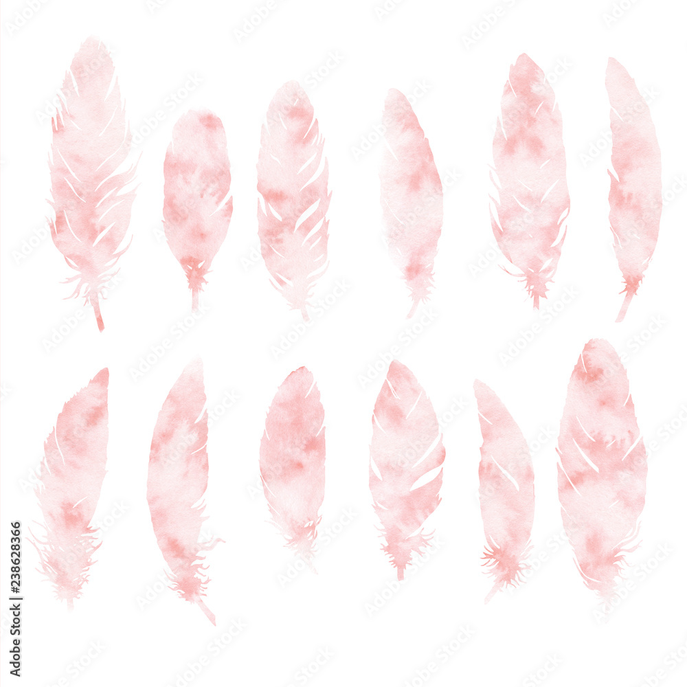 Hand painted pink watercolor feathers set isolated on white background. Abstract boho decoration elements. Illustration with paint texture. Hand painted pink watercolor feathers set isolated on white background. Abstract boho decoration elements. Illustration with paint texture.