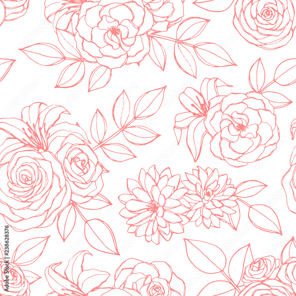 Vector seamless pattern with rose, lily, peony and chrysanthemum flowers pink line art on the white background. Hand drawn floral ornament of blossoms in sketch style. For wrapping paper and textile.