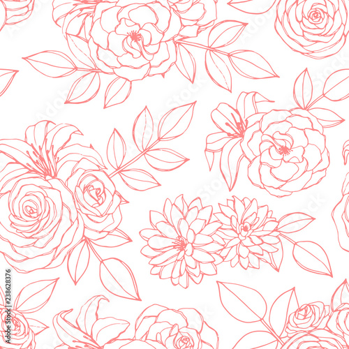 Vector seamless pattern with rose, lily, peony and chrysanthemum flowers pink line art on the white background. Hand drawn floral ornament of blossoms in sketch style. For wrapping paper and textile.