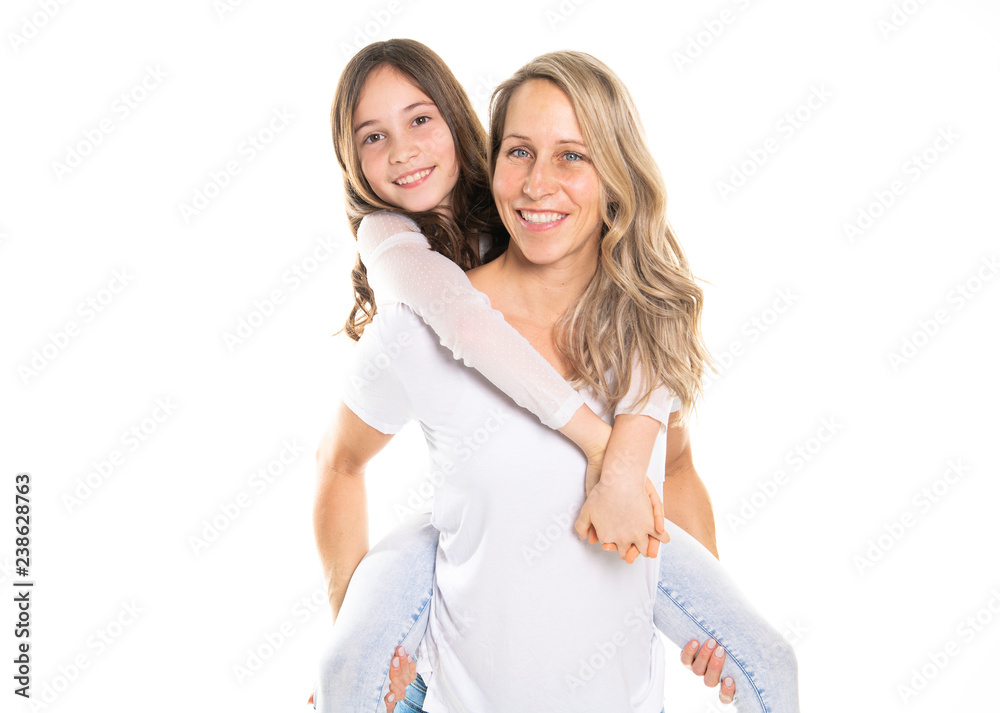 A mother and daughter portrait isolated on white studio. A mother and daughter portrait isolated on white studio.