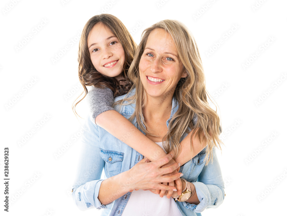 A mother and daughter portrait isolated on white studio.