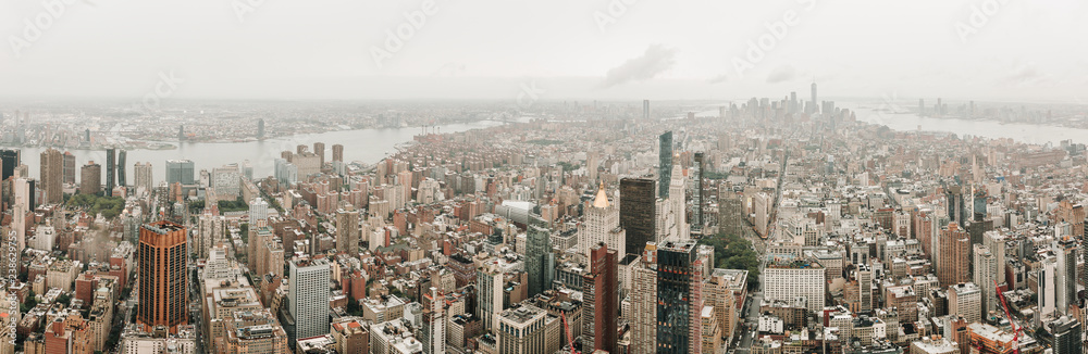 Panorama view of Manhattan New York City Skyline Buildings. Rainy day in New York.