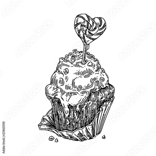 Cupcake with heart-shaped candy in paper wrapper. Sketch. Engraving style. Vector illustration.