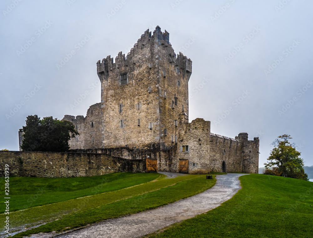 Ross Castle Ruins, a 15th-century tower house and keep on the edge of Lough Leane, Killarney National Park, County Kerry, Ireland. Ross Castle Ruins, a 15th-century tower house and keep on the edge of Lough Leane, Killarney National Park, County Kerry, Ireland.
