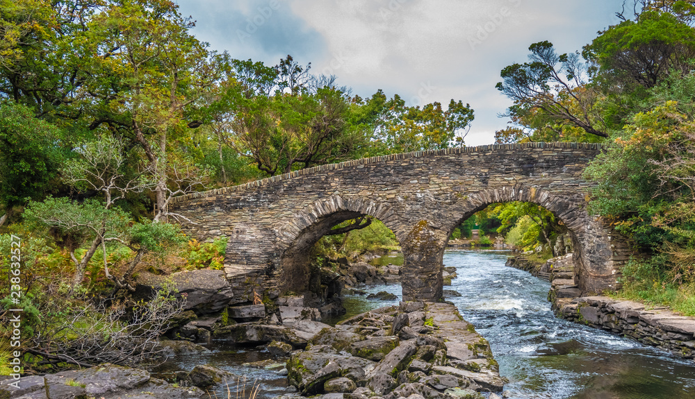 Old Weir Bridge, Meeting of the Waters, where the three Killarney lakes (Upper, Muckross and Lough Lane) meet Killarney National Park, County Kerry, Ireland.