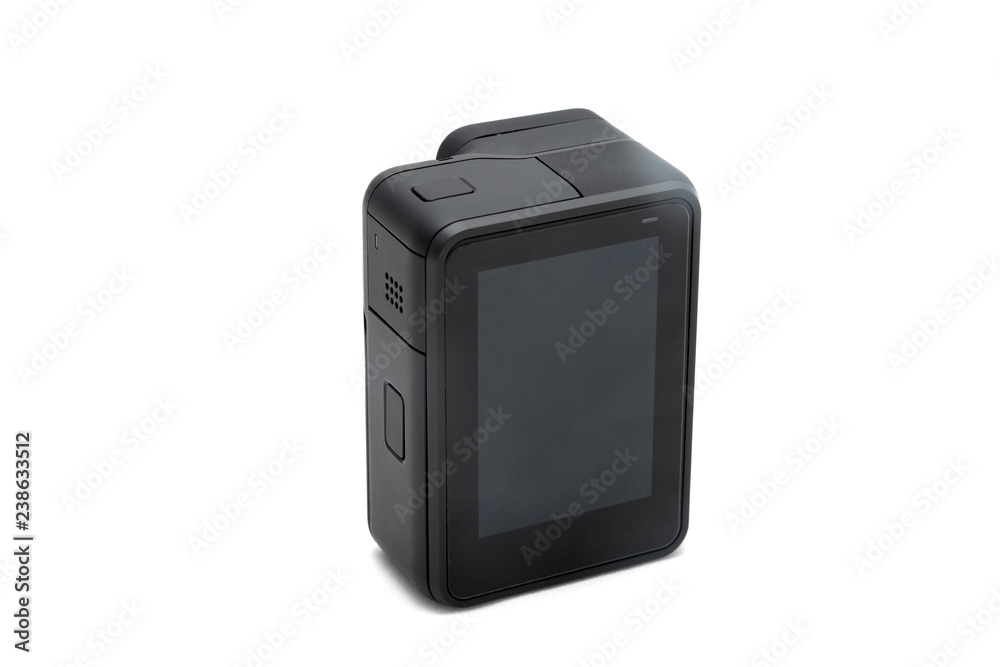 New 4K action camera in black color. Isolated white background New 4K action camera in black color. Isolated white background