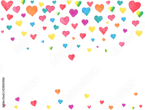 Watercolor hearts falling on white background. Colorful rainbow heart confetti. Valentines day watercolor design elements. Romantic frame for wedding invitation, birthday card. Vector illustration