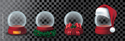 Transparent snow globe collection with golden plaque, holly, bow, and Santa Claus hat. Eps10 vector illustration.